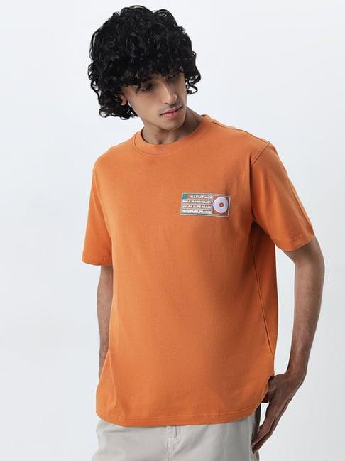 nuon by westside orange graphic printed relaxed-fit cotton t-shirt