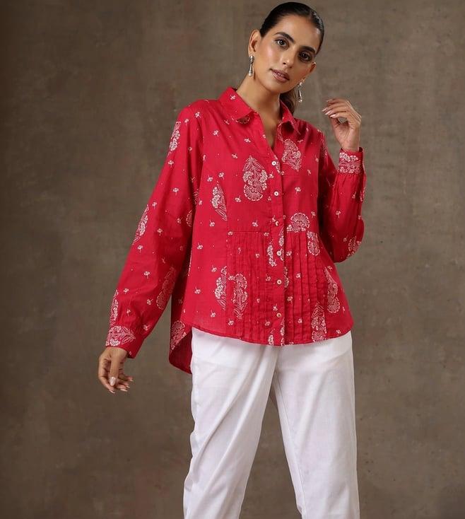 house of chikankari pink cotton pintucks printed women's shirt