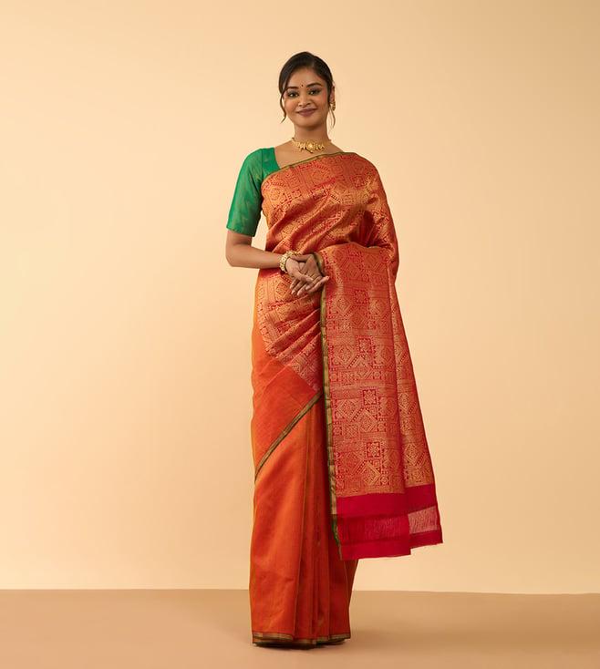 taneira red silk woven design saree