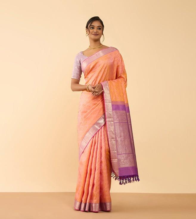 taneira light orange silk woven design saree