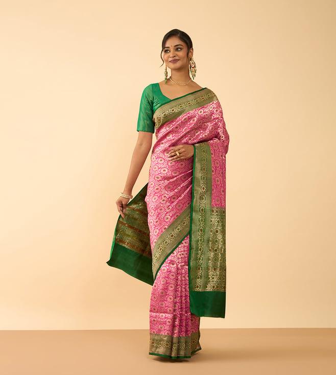 taneira pink silk woven design saree