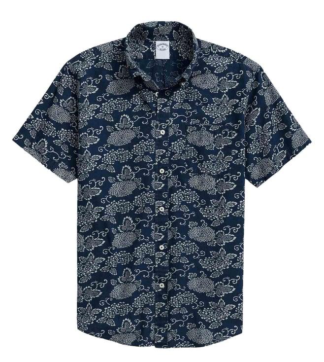 brooks brothers navy indigo-dyed cotton signature indigo print short sleeve sport shirt