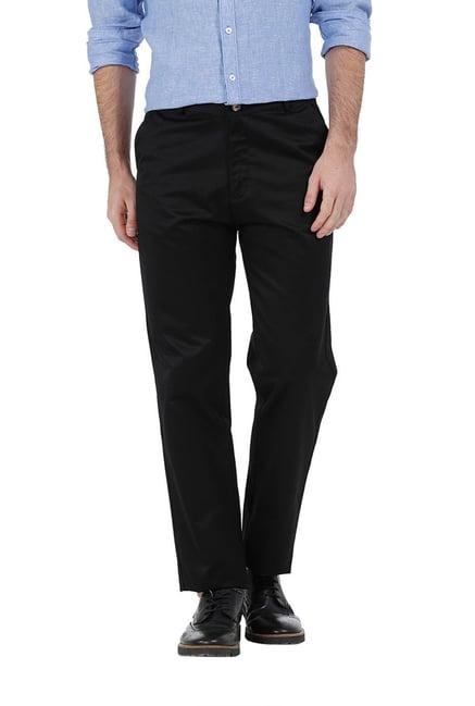 basics black solid mid rise comfort fit trousers