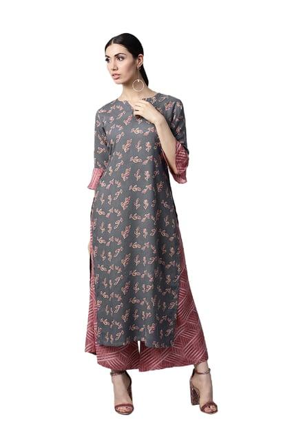 gerua grey & pink printed rayon kurta with palazzo