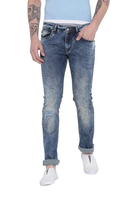 duke blue distressed heavily washed cotton jeans