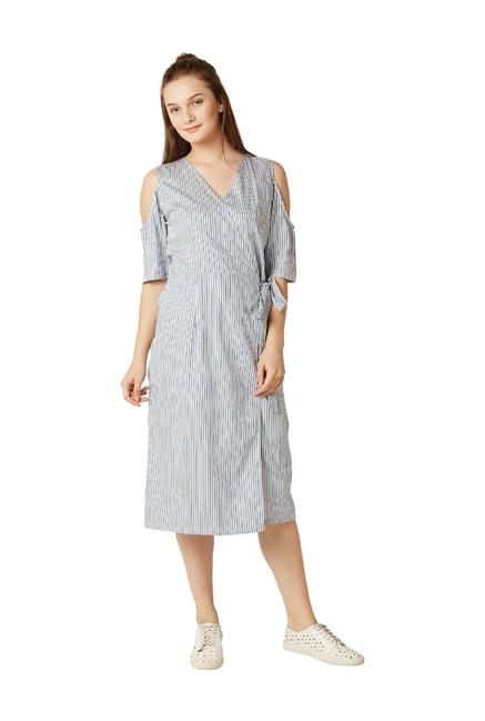 miss chase off white & blue striped midi dress