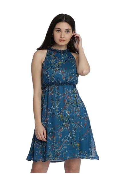 miss chase blue floral print knee length dress