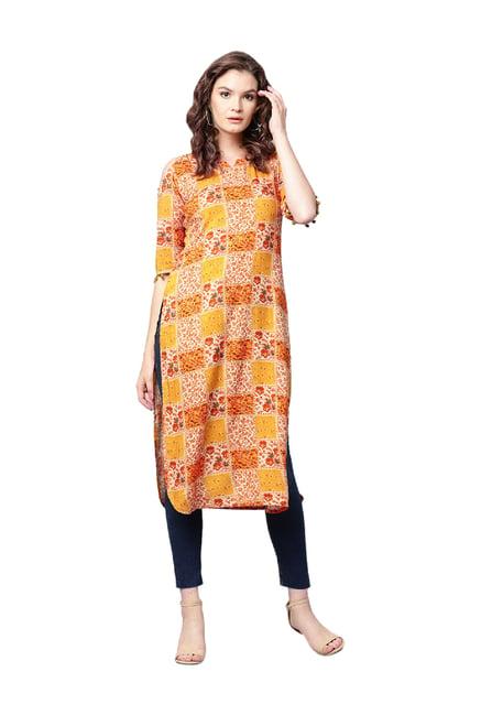 gerua yellow printed rayon kurta