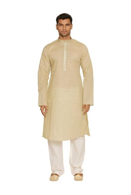 manyavar beige & white full sleeves kurta set