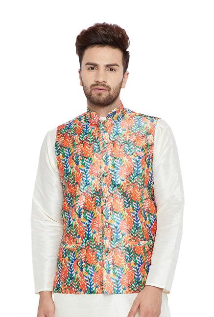 sojanya orange & blue printed mandarin collar nehru jacket