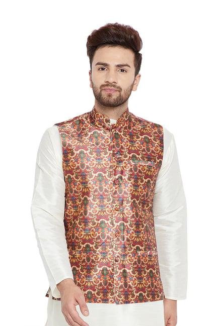 sojanya maroon printed mandarin collar nehru jacket