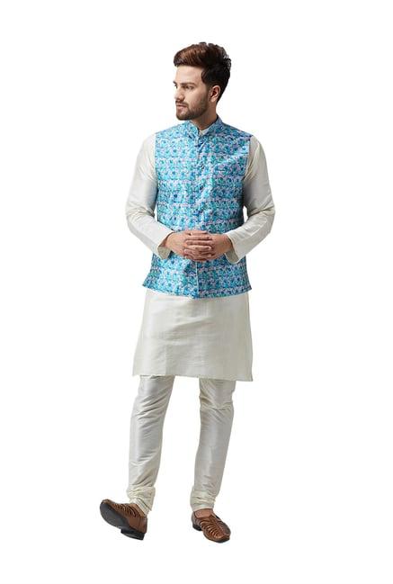 sojanya turquoise printed nehru jacket