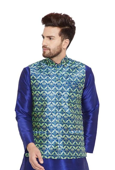 sojanya navy printed mandarin collar nehru jacket