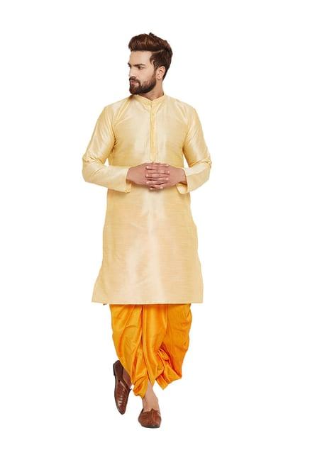 sojanya cream & orange band collar kurta set