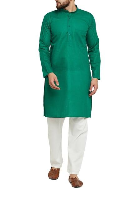 sojanya dark green & white band collar kurta set