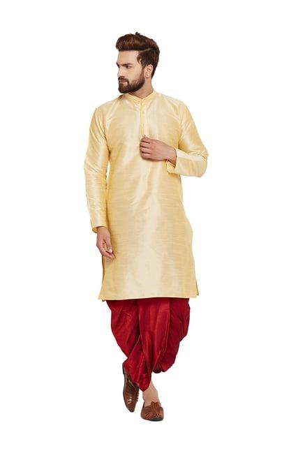 sojanya cream & maroon band collar kurta set