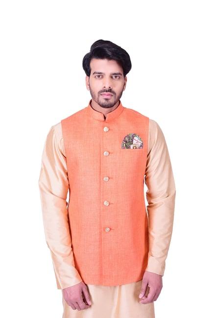 manyavar orange self design ethnic waistcoat