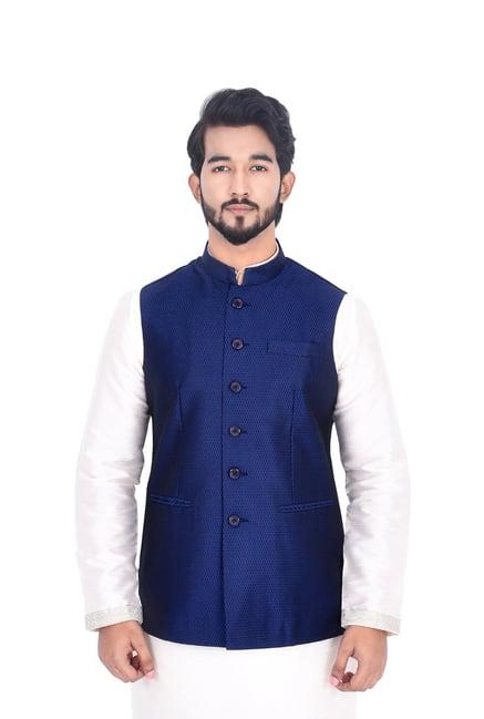 manyavar blue self design ethnic waistcoat