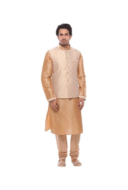 manyavar beige self design ethnic kurta set with jacket