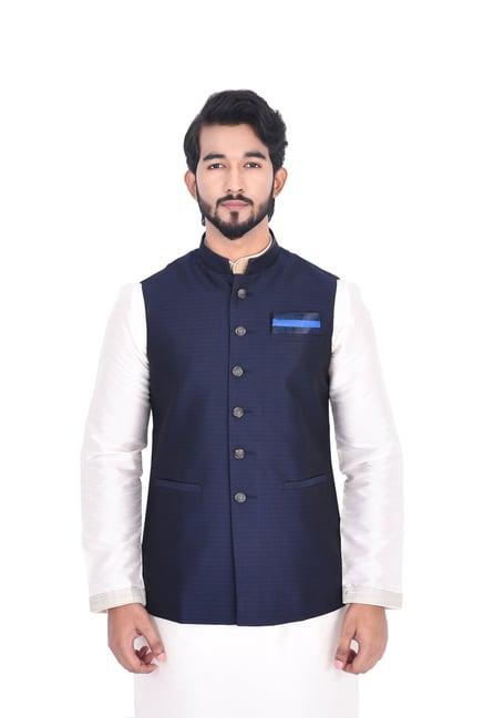 manyavar blue self design ethnic waistcoat