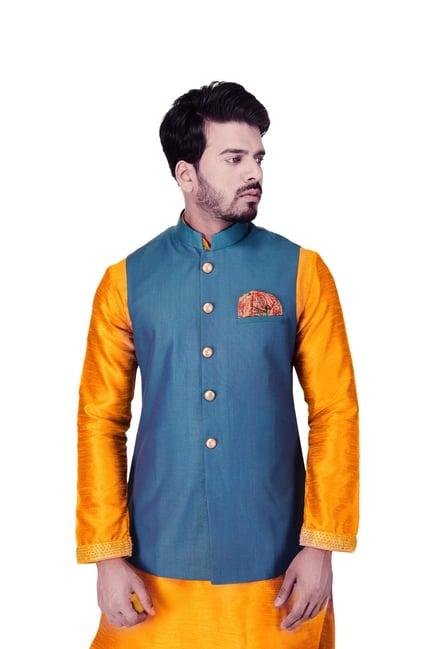 manyavar blue self design ethnic waistcoat