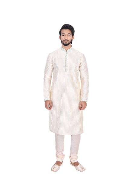 manyavar off white striped ethnic kurta set with jacket