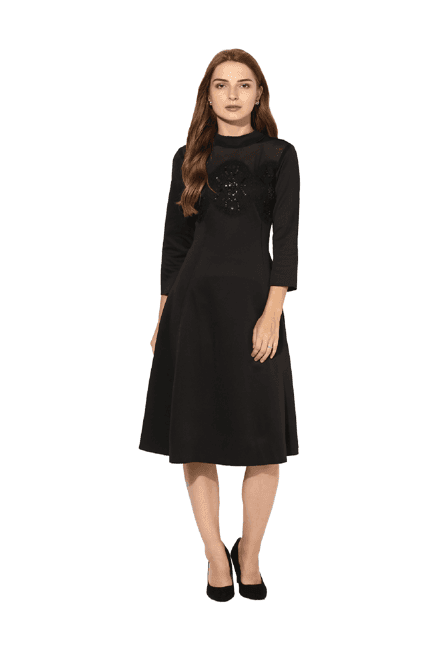 soie black embellished below knee dress