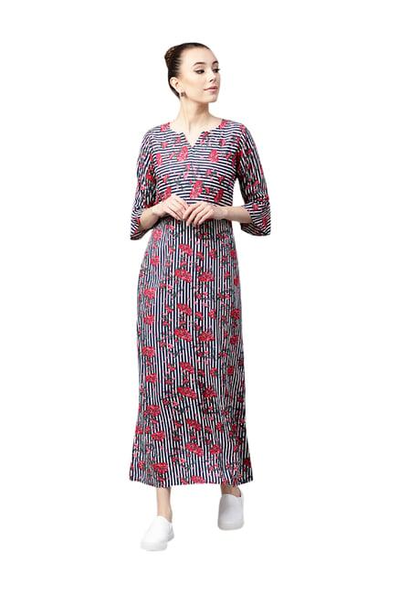 gerua navy & white floral print a-line maxi dress