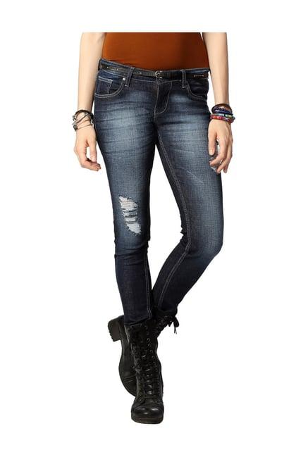 people navy cotton regular fit distressed jeans