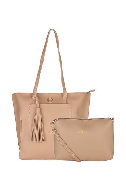 gio collection beige solid tote with pouch