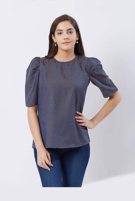 fusion beats gold & navy printed top