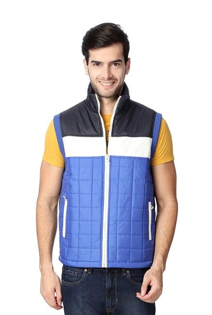 people dark blue sleeveless jacket