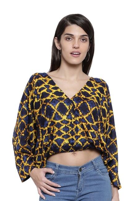 the kaftan company navy & yellow printed top