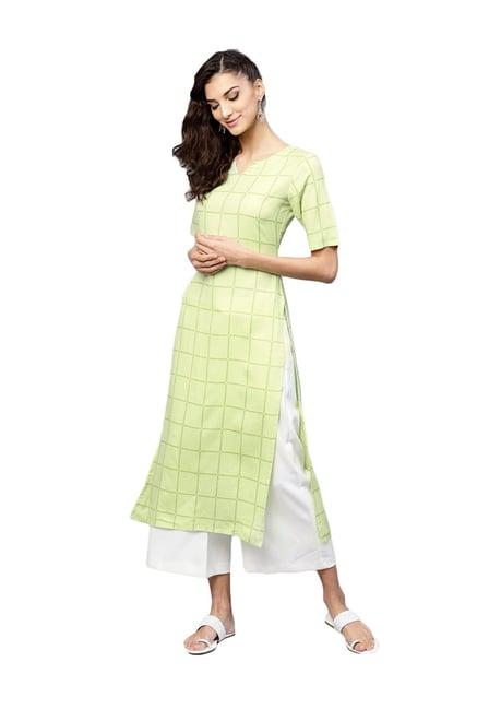 green rayon checks straight kurta