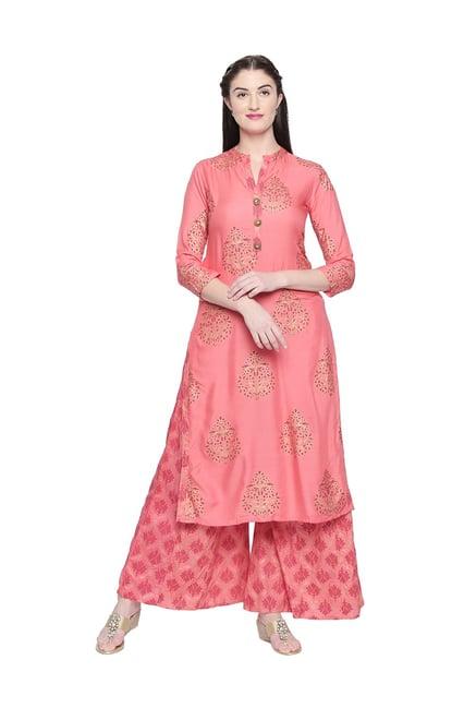 ishin pink printed kurti palazzo set