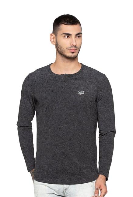 spykar black full sleeves slim fit henley t-shirt