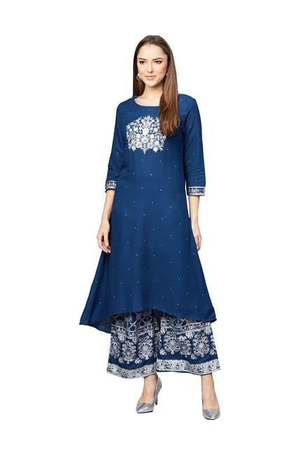 ishin blue embroidered kurti palazzo set