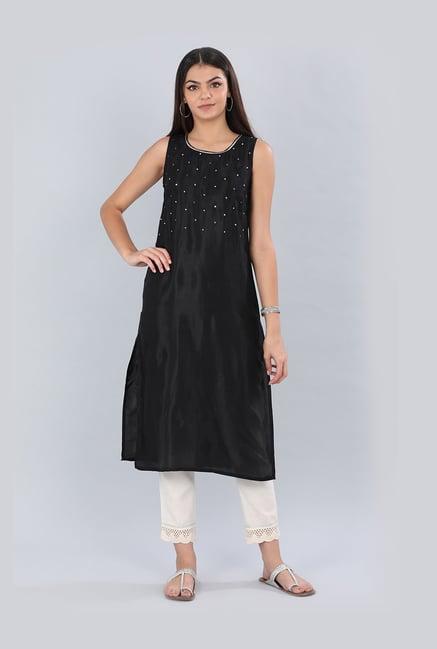 aurelia black embroidered straight kurta