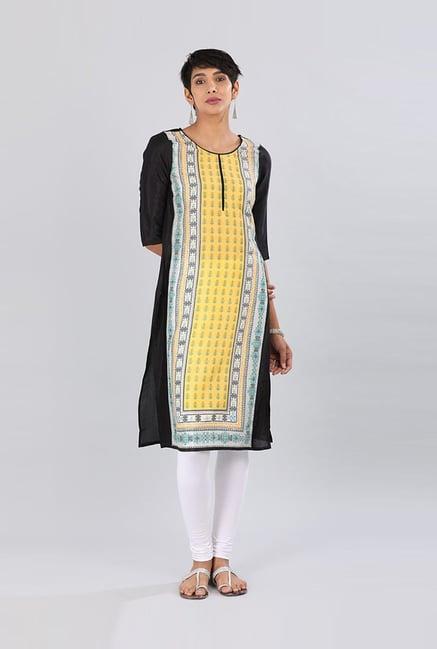 aurelia yellow & black floral print straight kurta