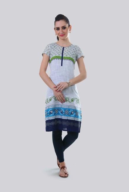 aurelia white cotton floral print straight kurta