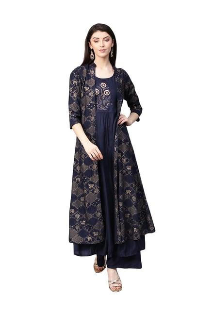 ishin navy embroidered kurti palazzo set