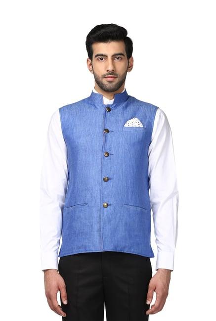 park avenue light blue mandarin collar linen waistcoat