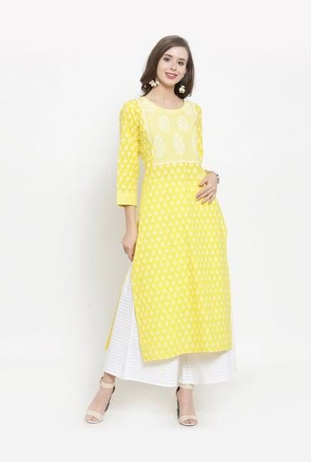 varanga yellow & white printed kurti palazzo set