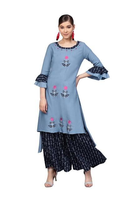 ishin blue embroidered kurti sharara set