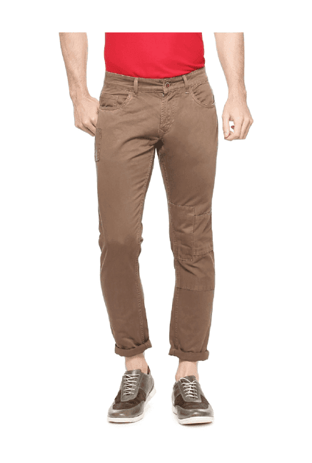 people brown regular fit trousers