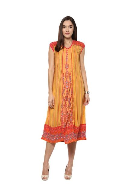 fusion beats orange printed knee length dress