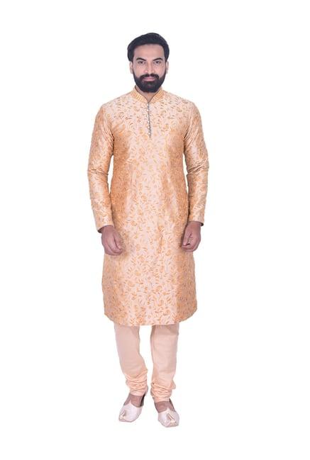 manyavar peach regular fit embroidered kurta set