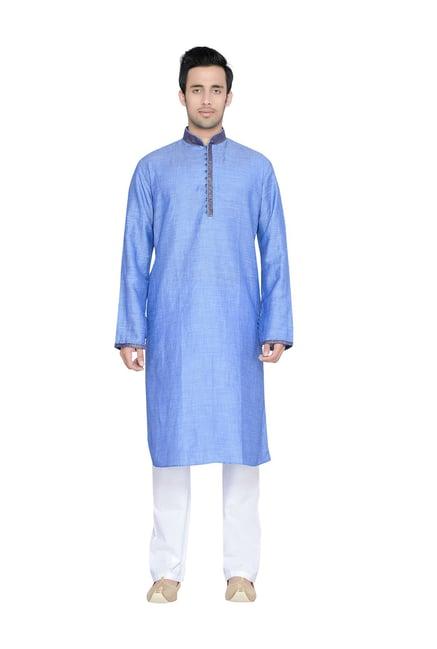 manyavar sky blue full sleeves regular fit kurta set