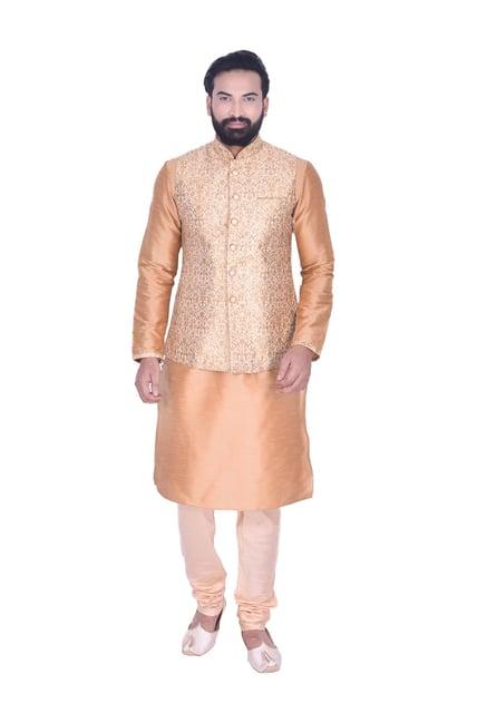 manyavar beige full sleeves ethnic kurta set with jacket