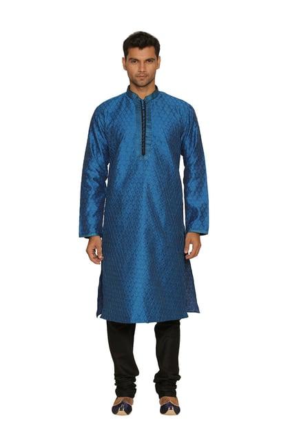 manyavar teal blue full sleeves kurta set